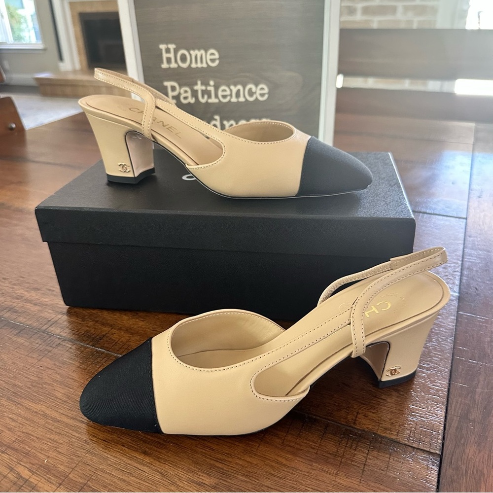 Beige & Black Two-Tone Slingback Heels - image 4